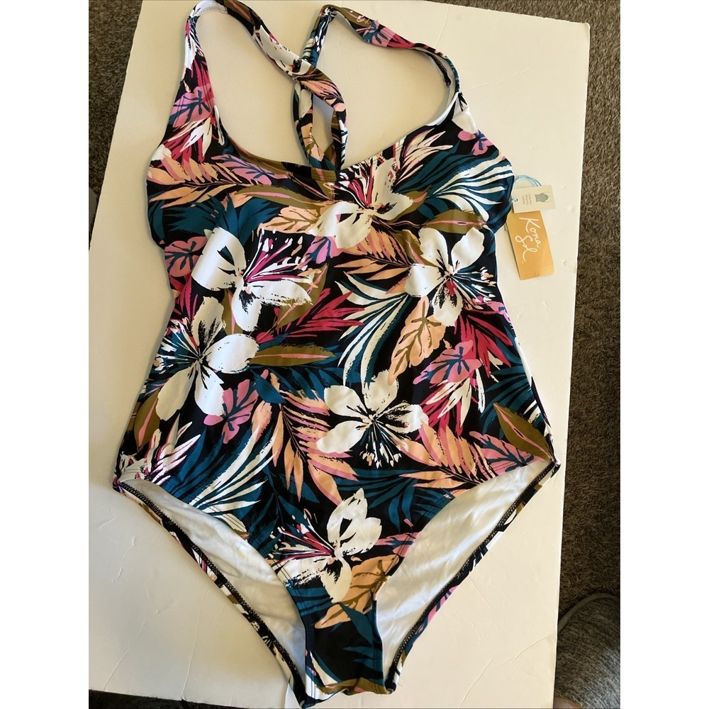 Kona Sol Swimsuit Women's Large Multicolor Floral Med Coverage One Piece C879